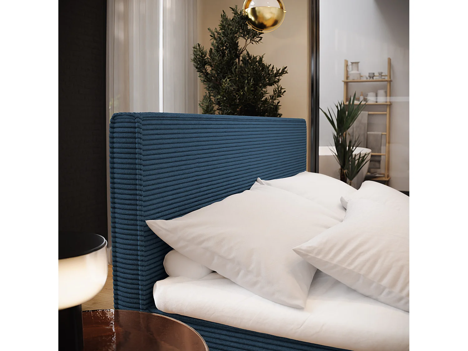 Lit continental PELLIO, 140x200 cm, Tissu en velours côtelé, Bleu