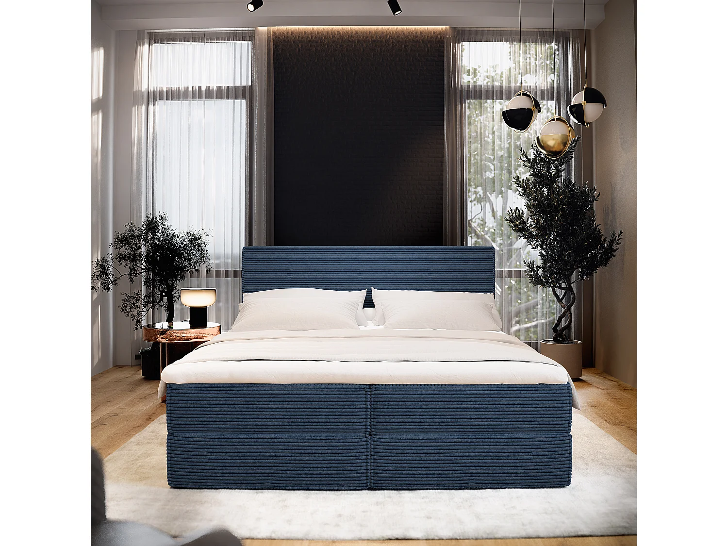 Lit continental PELLIO, 140x200 cm, Tissu en velours côtelé, Bleu