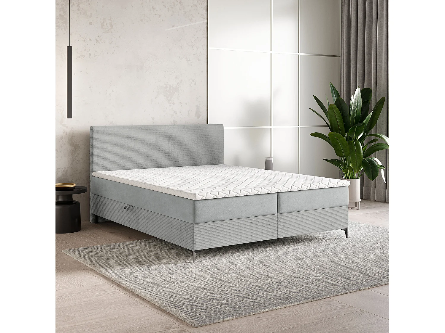 Lit continental TORREL, 160x200 cm, Tissu pelucheux, Gris clair