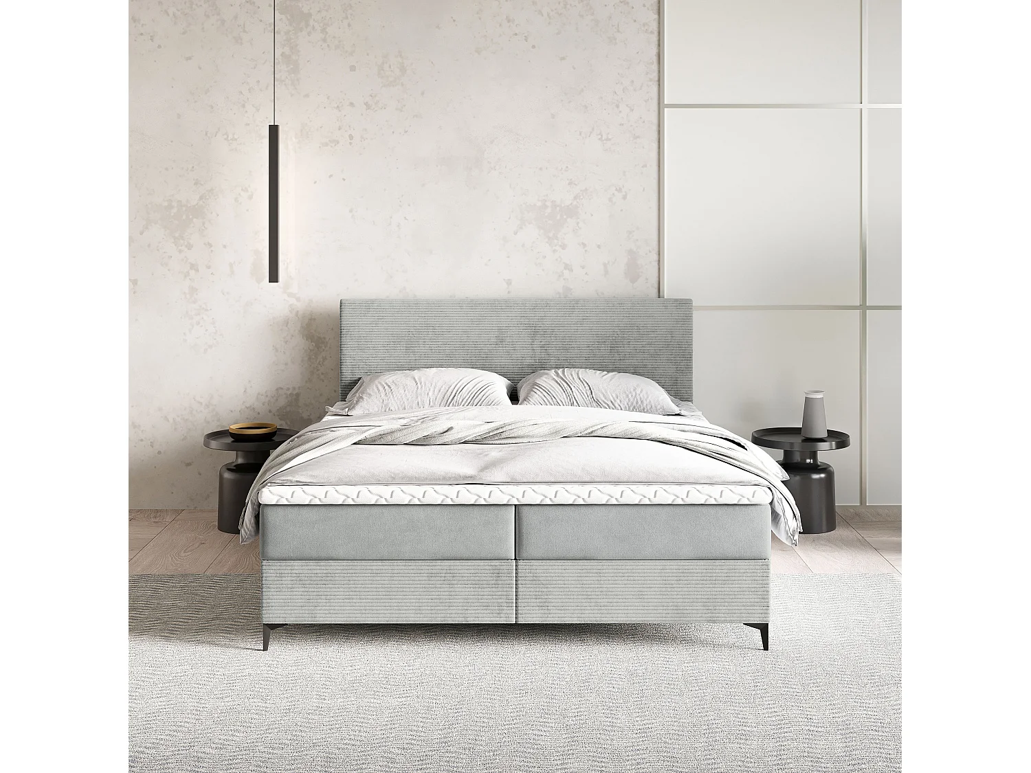 Lit continental TORREL, 160x200 cm, Tissu pelucheux, Gris clair