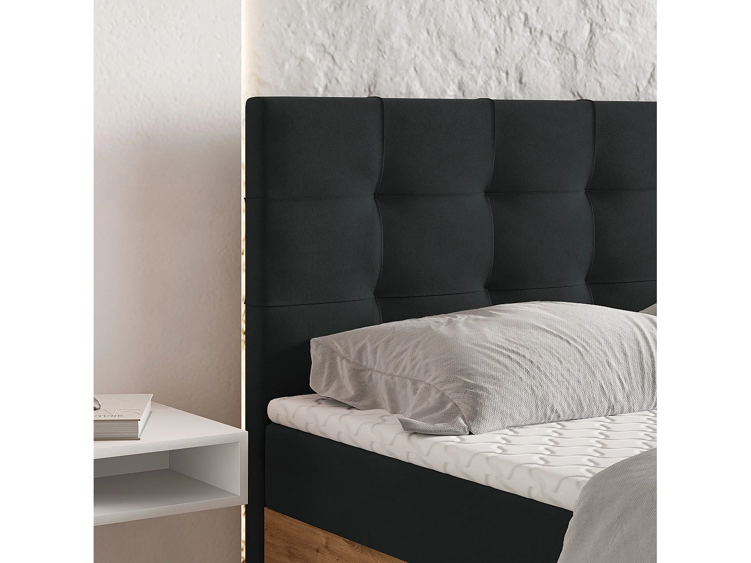Lit continental MOLVEN, 180x200 cm, Tissu tressé, Noir