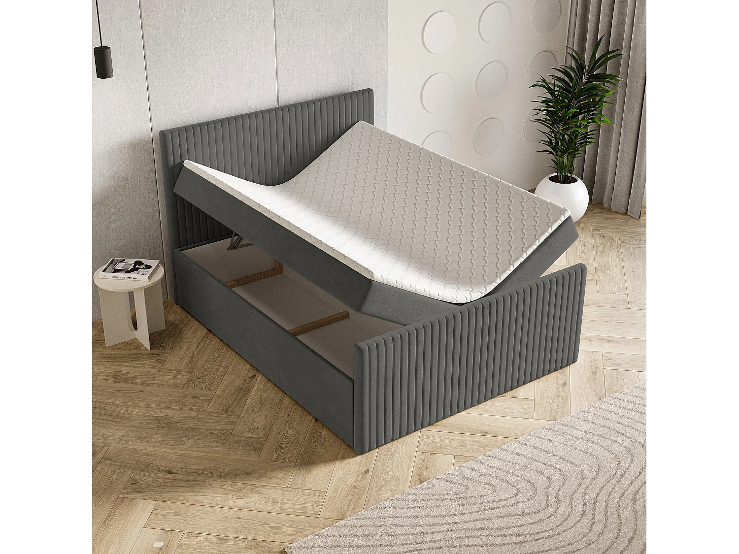 Lit continental TERVAN, 140x200 cm, Tissu pelucheux, Gris
