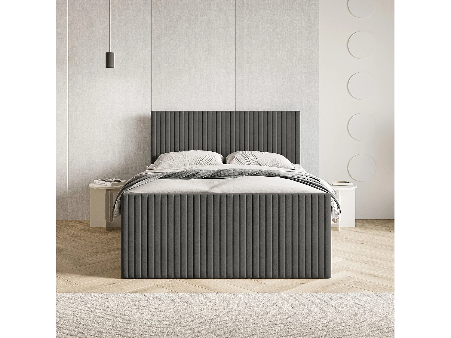 Lit continental TERVAN, 140x200 cm, Tissu pelucheux, Gris