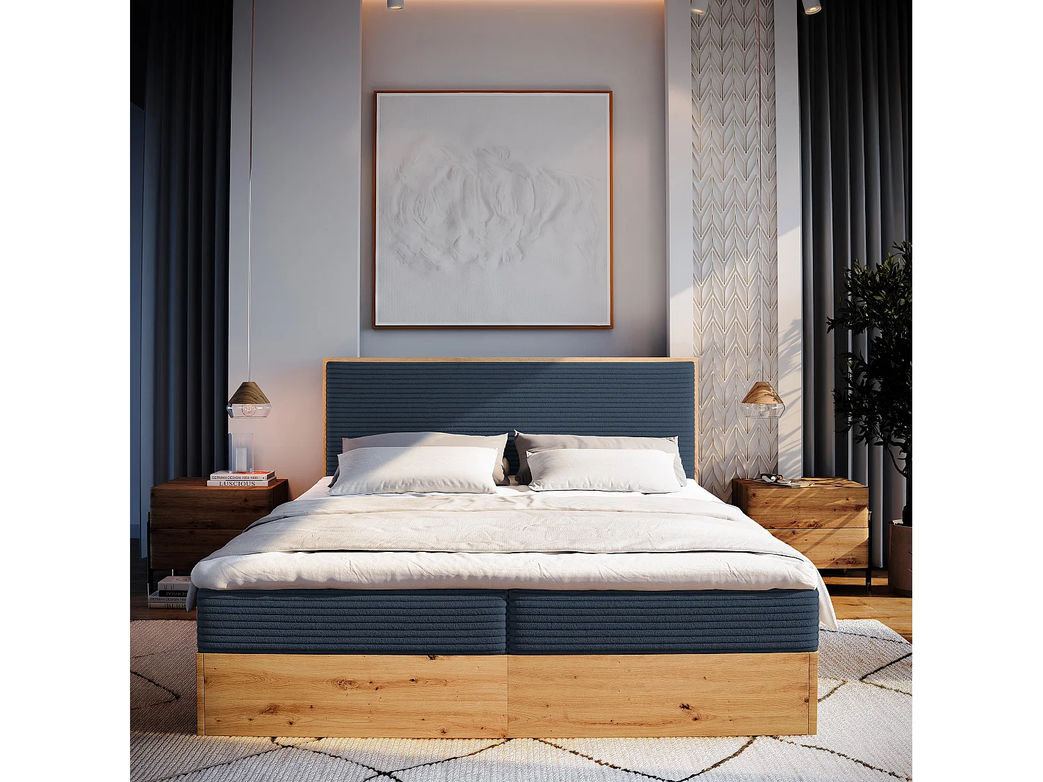 Lit continental VERDON, 180x200 cm, Tissu en velours côtelé, Bleu