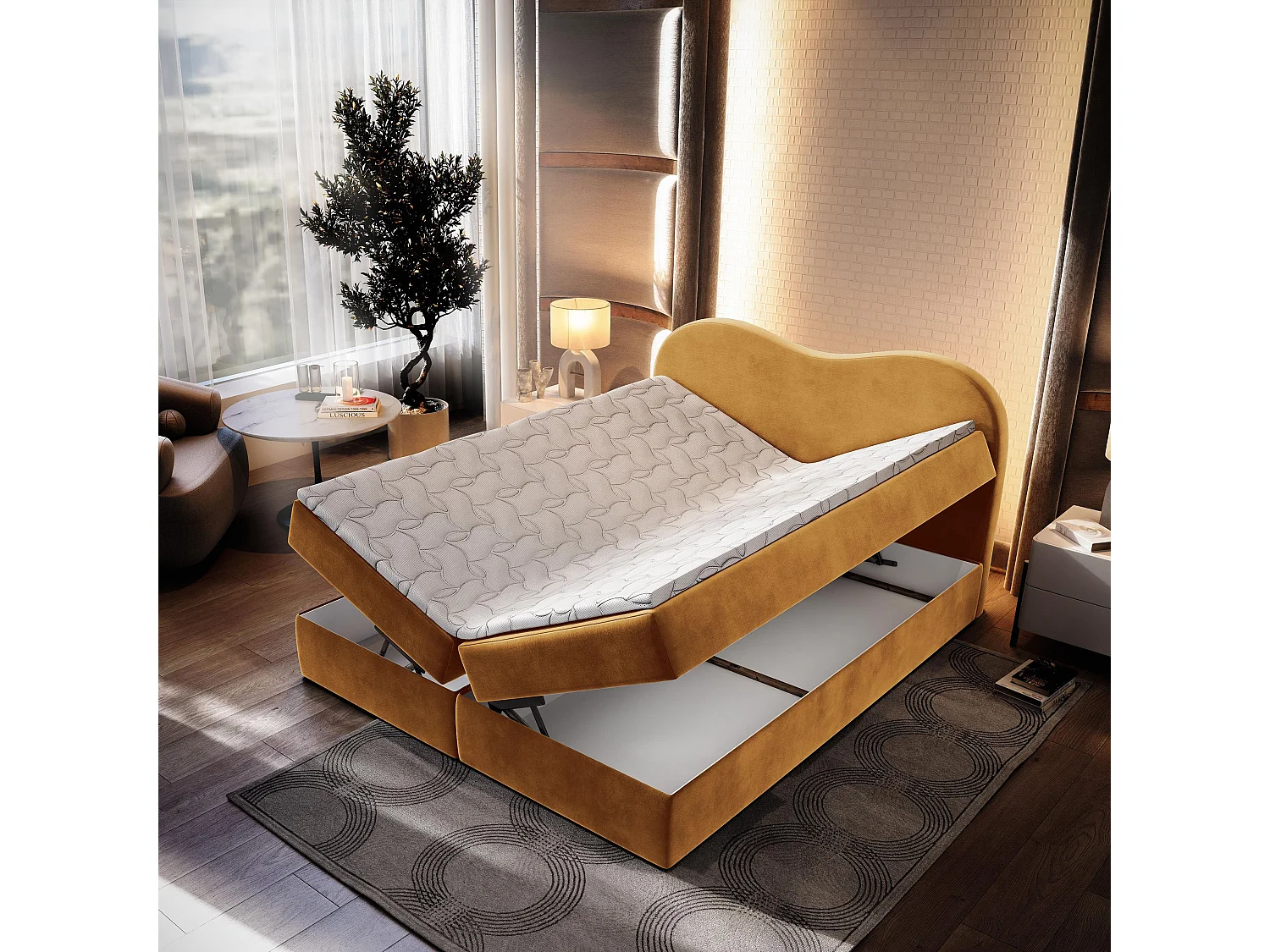 Boxspringbed FLUVIA 140x200 cm Set met hoofdbord, bedbodem en matras, Geel