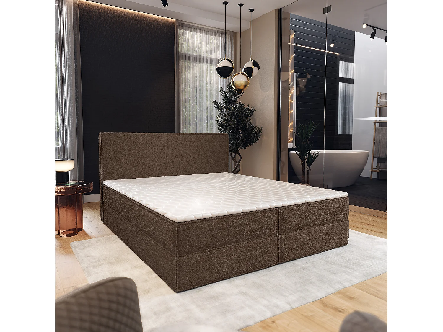 Lit continental PELLIO, 180x200 cm, Tissu bouclé, Marron