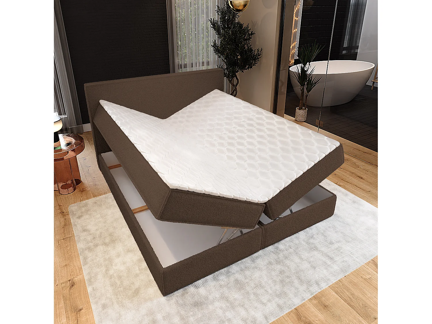 Lit continental PELLIO, 180x200 cm, Tissu bouclé, Marron
