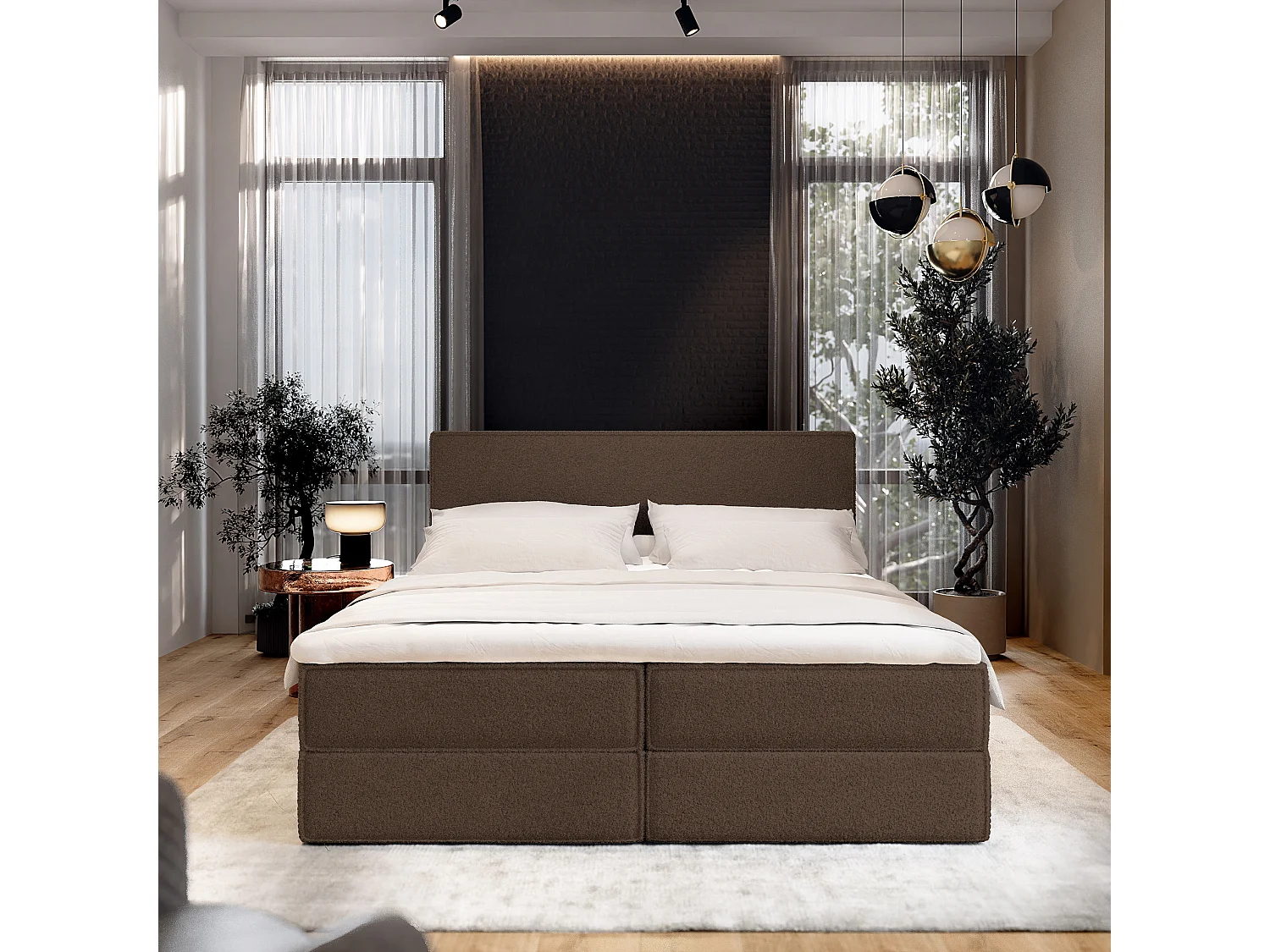 Lit continental PELLIO, 180x200 cm, Tissu bouclé, Marron