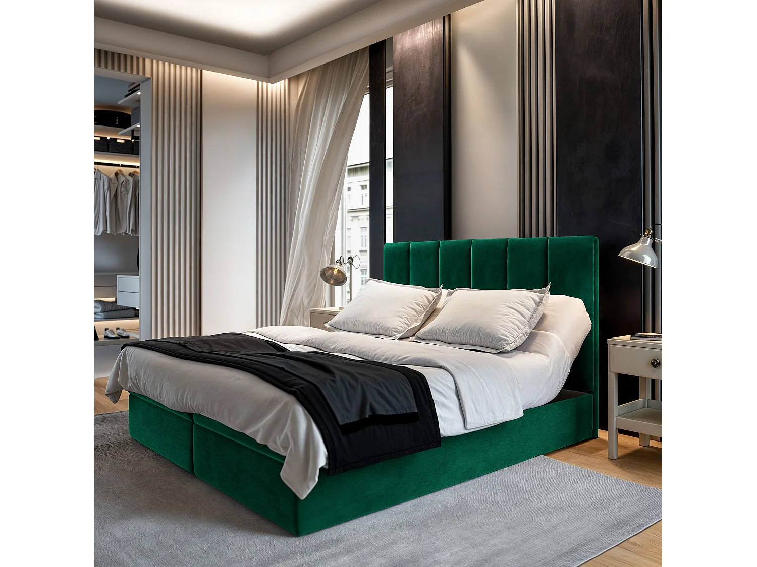 Lit continental BARINO, 140x200 cm, Tissu pelucheux, Vert