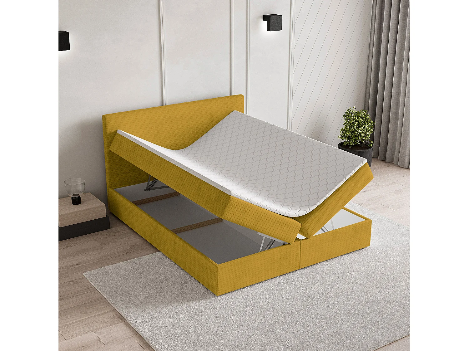 Lit continental NIRA, 160x200 cm, Tissu pelucheux, Jaune