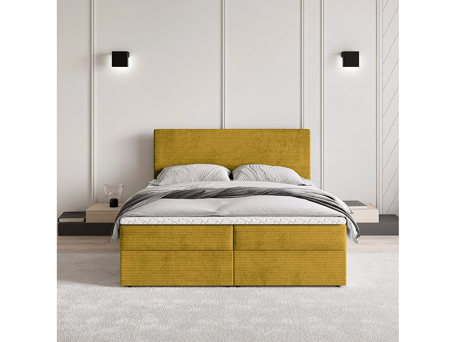 Lit continental NIRA, 160x200 cm, Tissu pelucheux, Jaune