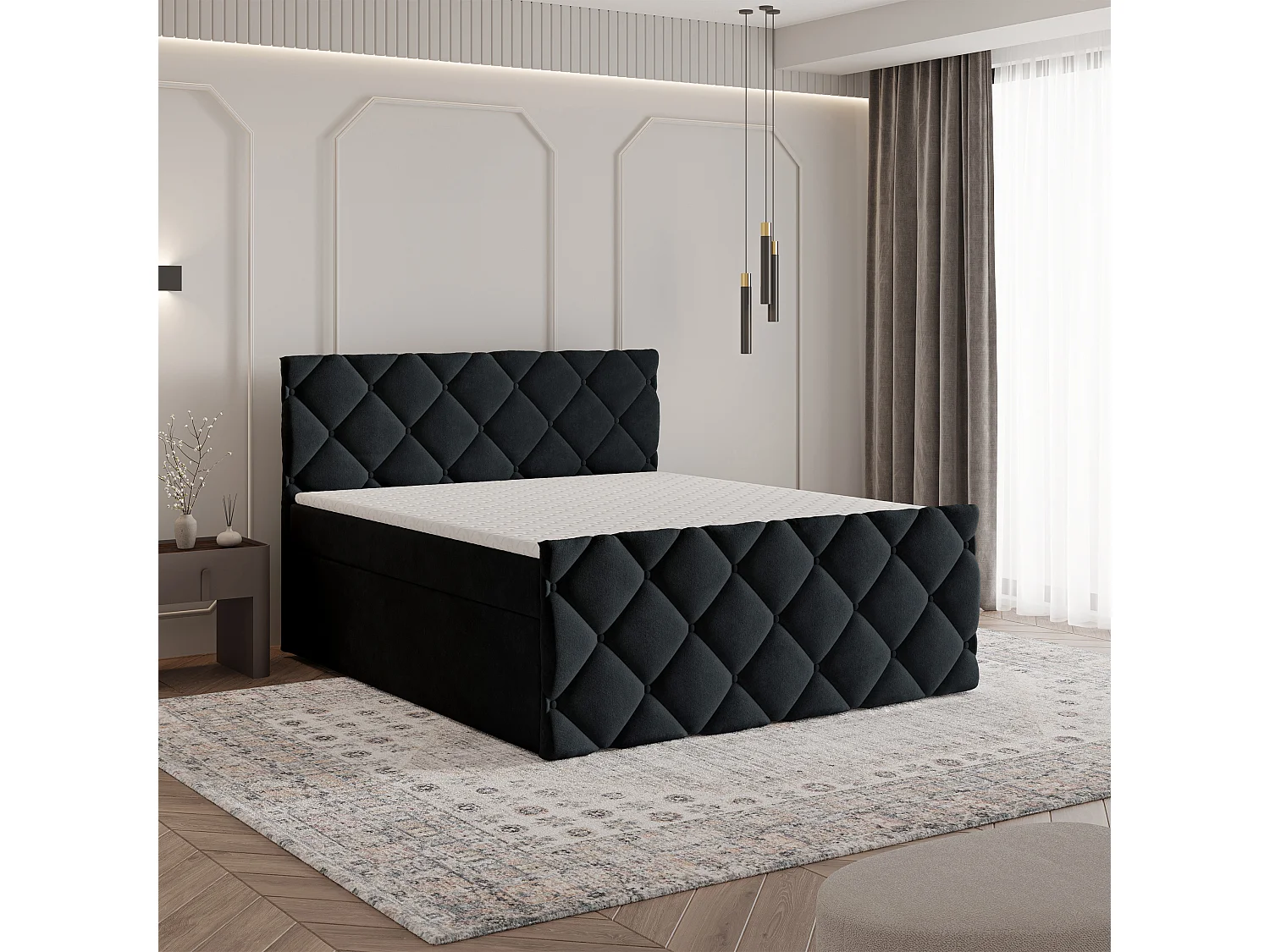 Lit continental ROVARI, 140x200 cm, Tissu pelucheux, Noir