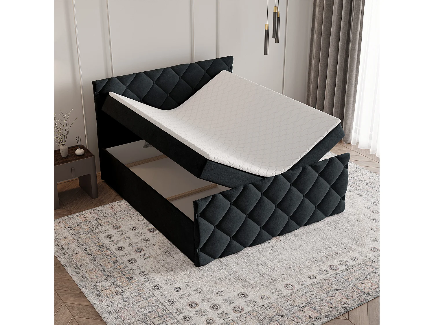 Lit continental ROVARI, 140x200 cm, Tissu pelucheux, Noir