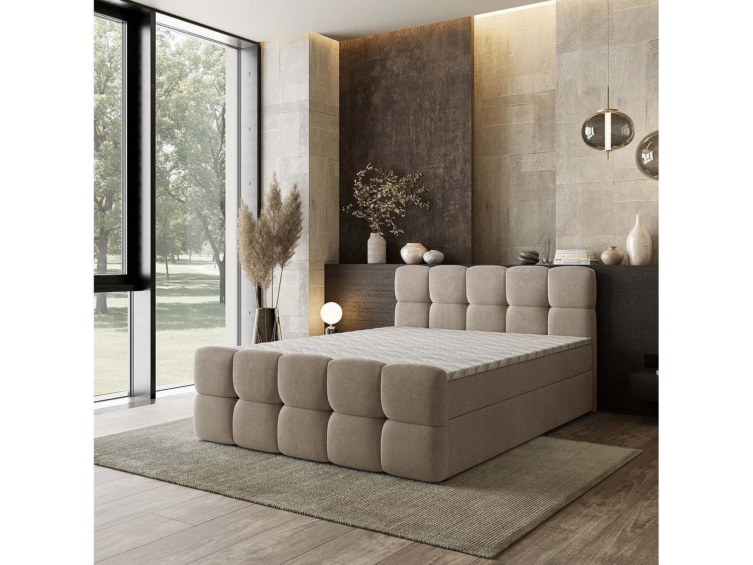Boxspringbed BRUME 140x200 cm Set met hoofdbord, bedbodem en matras, Beige