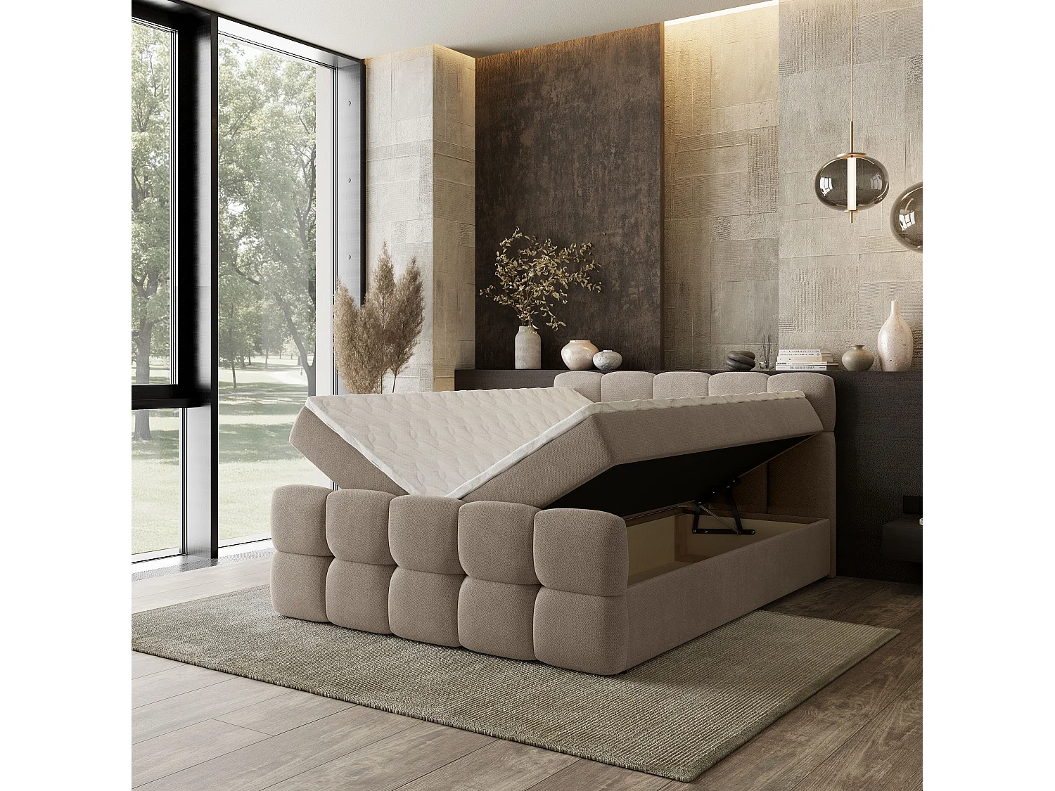 Boxspringbed BRUME 140x200 cm Set met hoofdbord, bedbodem en matras, Beige