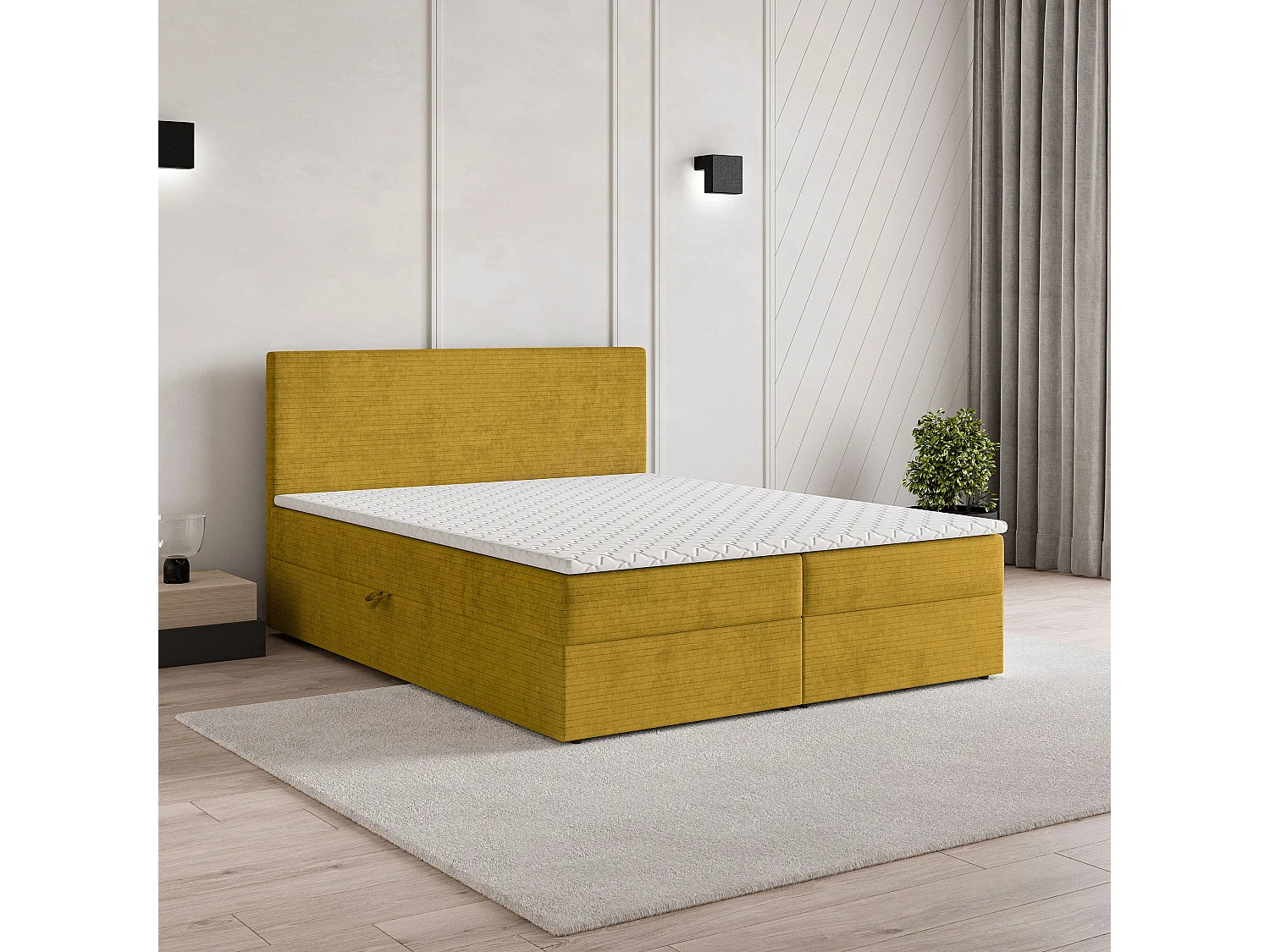 Lit continental NIRA, 180x200 cm, Tissu pelucheux, Jaune