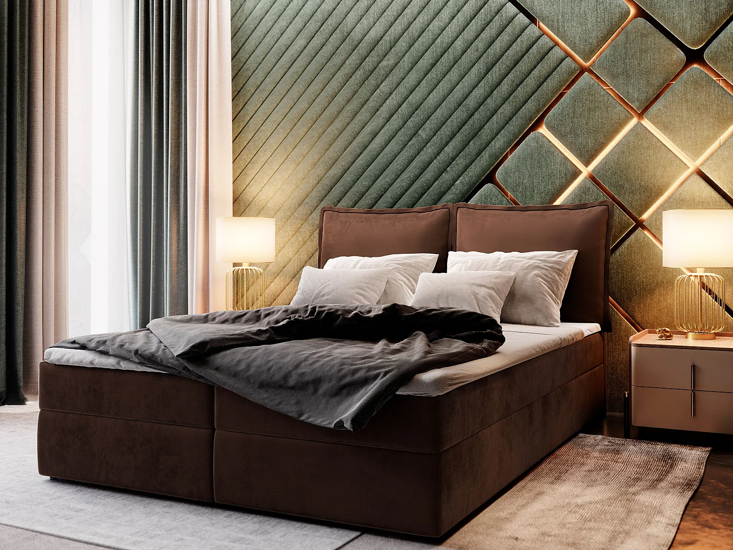 Lit continental LENTE, 160x200 cm, Tissu velours, Marron