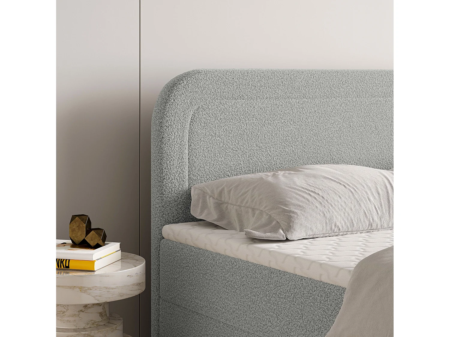 Lit continental ARMEL, 160x200 cm, Tissu bouclé, Gris clair