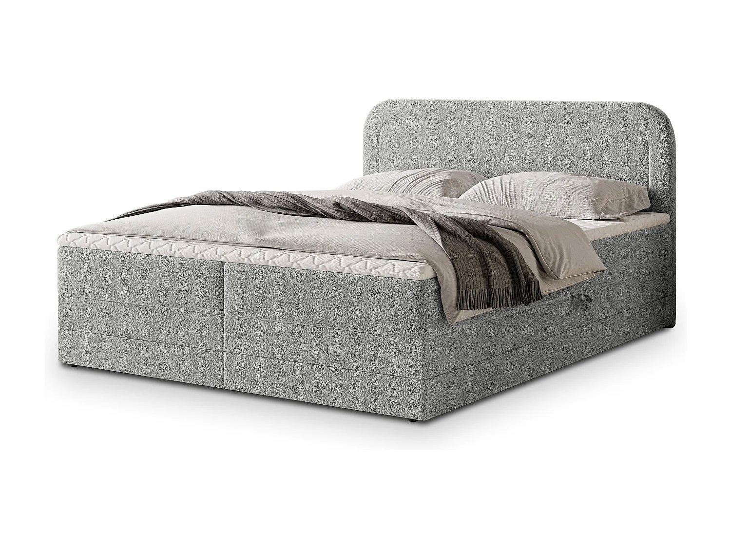 Lit continental ARMEL, 160x200 cm, Tissu bouclé, Gris clair