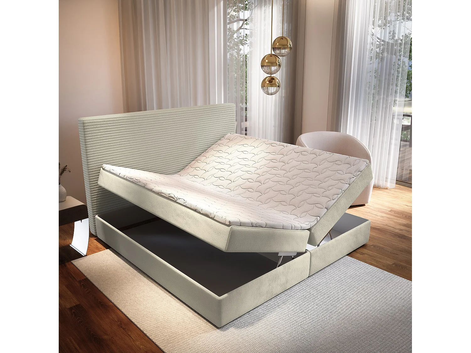 Boxspringbed GIARRO 140x200 cm Set met hoofdbord, bedbodem en matras, Crème