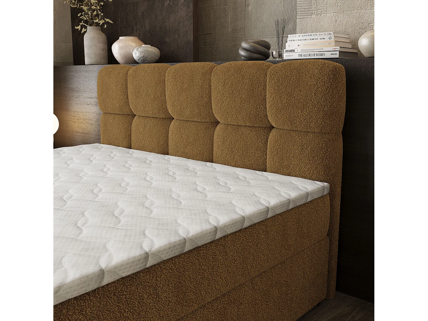 Boxspringbed BRUME 140x200 cm Set met hoofdbord, bedbodem en matras, Mosterdkleur
