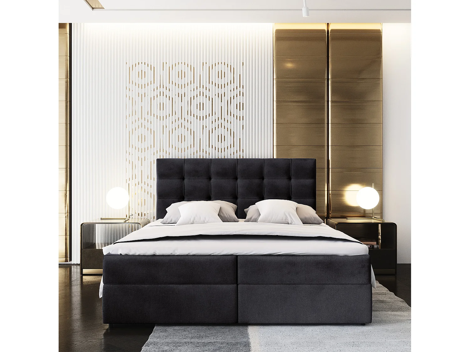 Lit continental GLOS, 140x200 cm, Tissu pelucheux, Noir