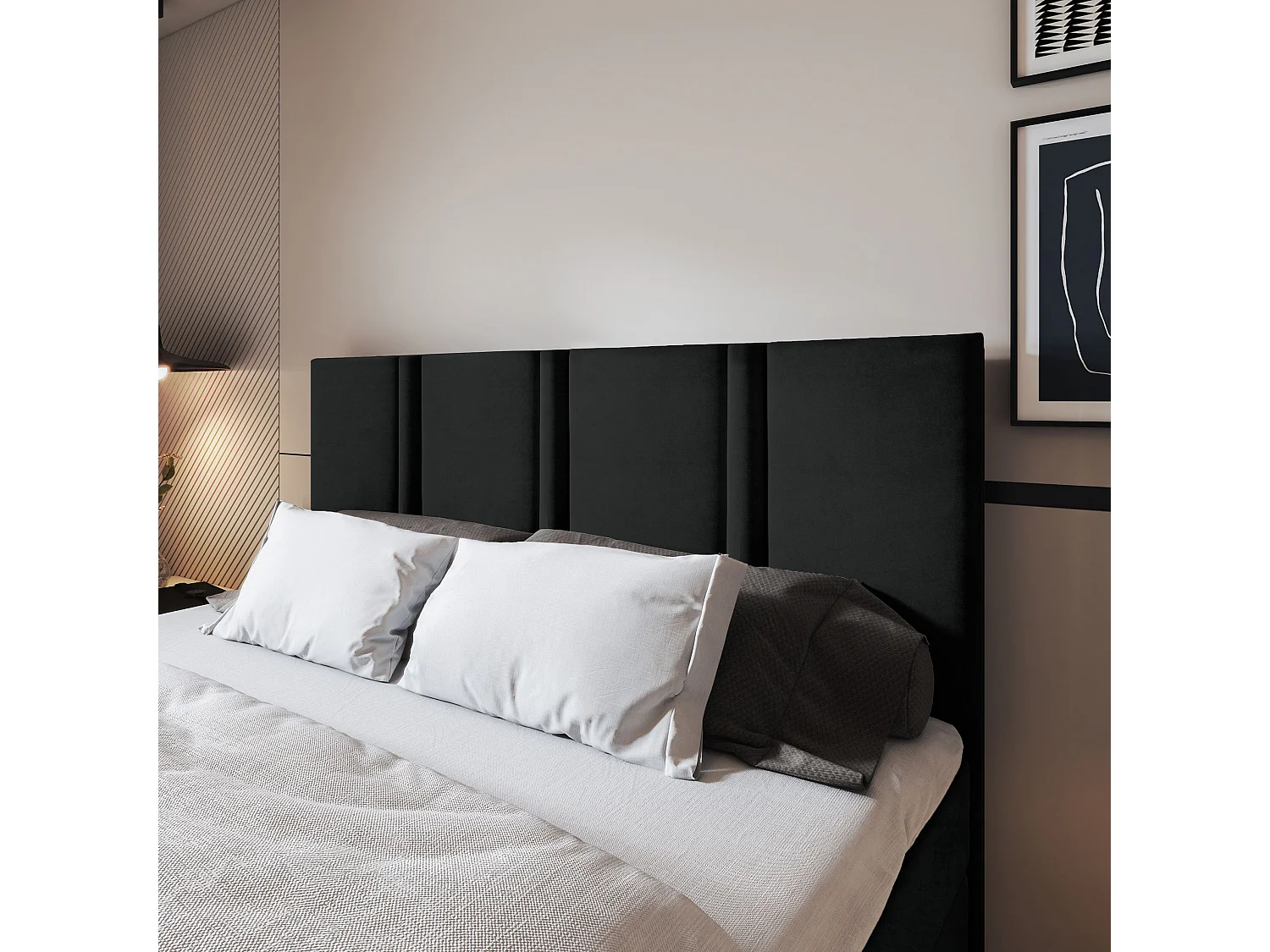 Lit continental LARIO, 160x200 cm, Tissu pelucheux, Noir