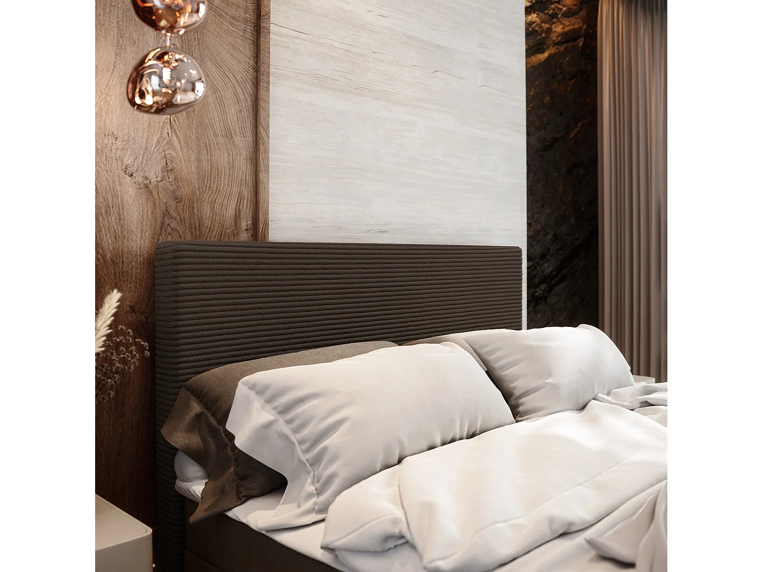 Lit continental ALORIA, 140x200 cm, Tissu pelucheux, Marron