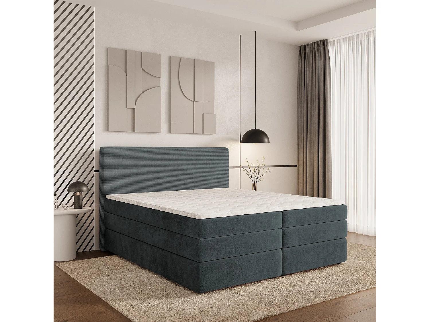 Lit continental MATERN, 140x200 cm, Tissu pelucheux, Gris