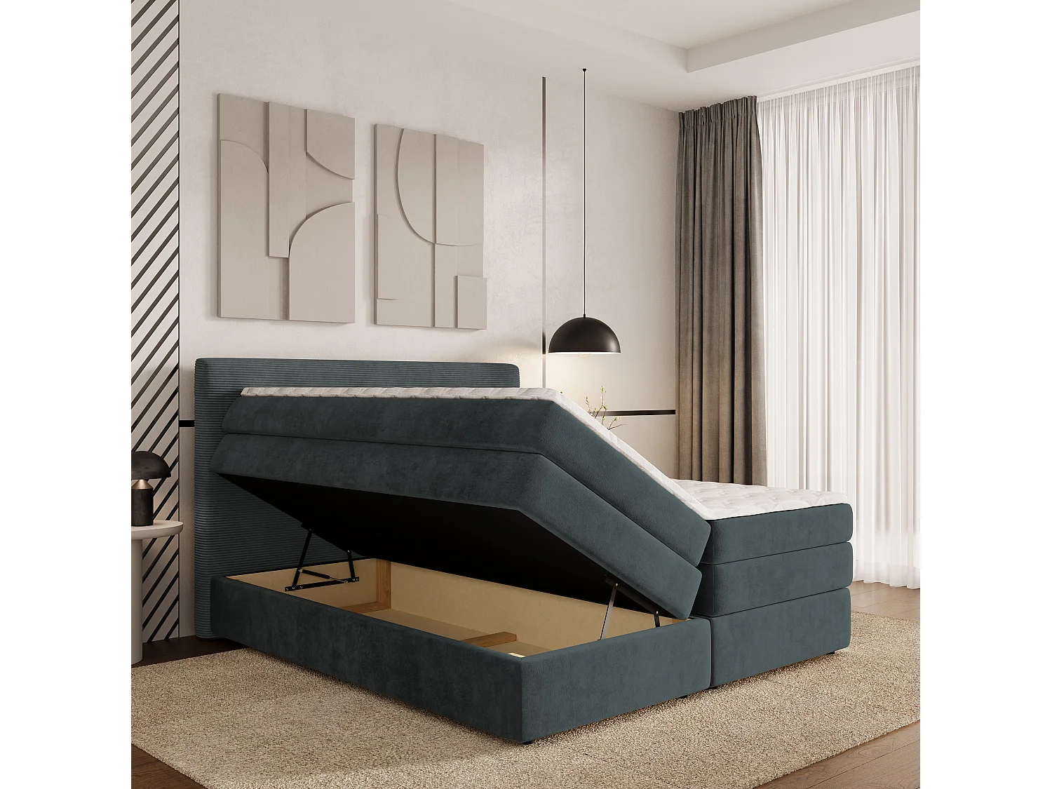 Lit continental MATERN, 140x200 cm, Tissu pelucheux, Gris