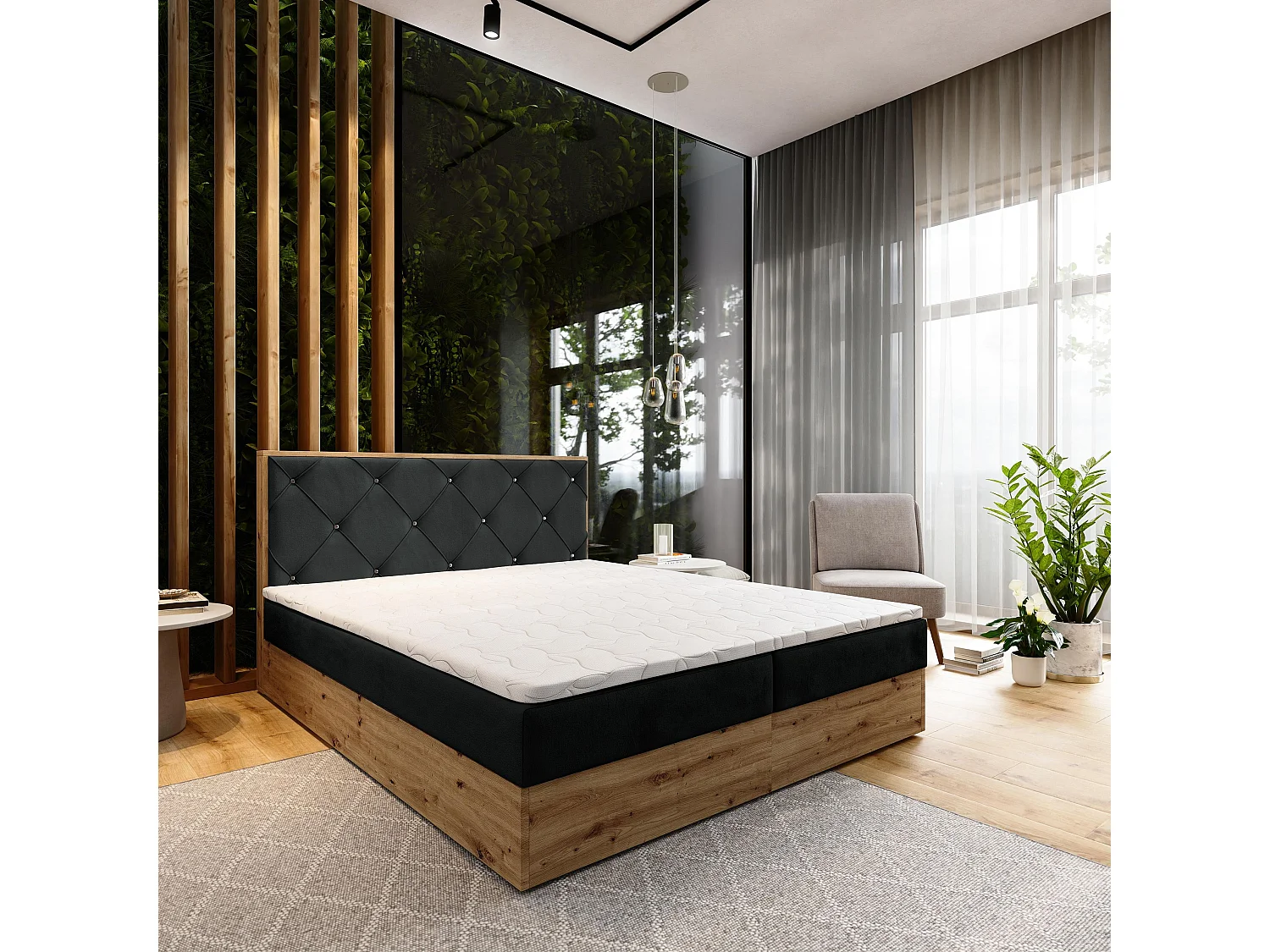 Boxspringbed FOSCO 160x200 cm Set met hoofdbord, bedbodem en matras, Zwart