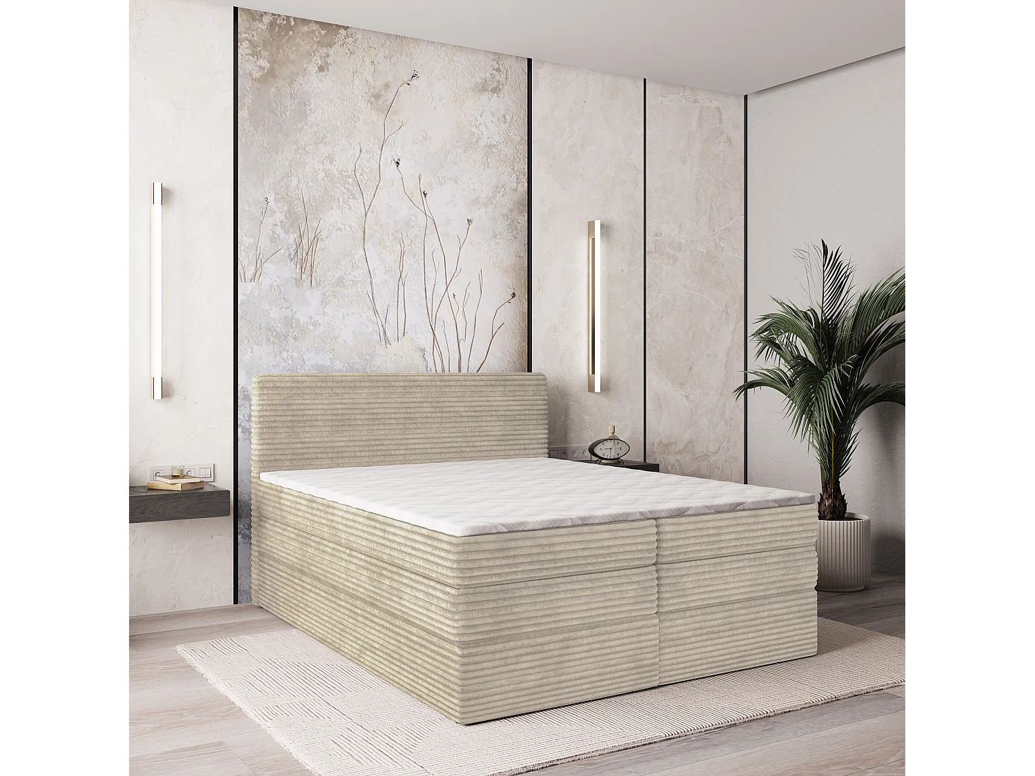 Boxspringbed LUNERA 160x200 cm Set met hoofdbord, bedbodem en matras, Crème