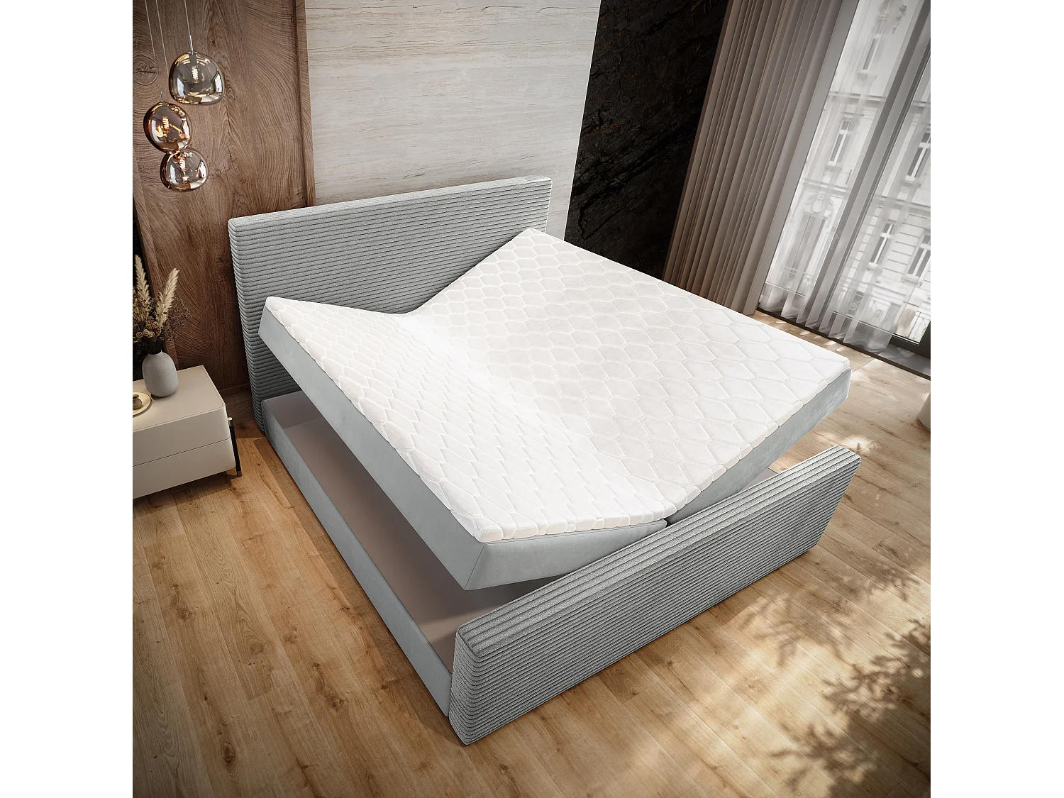 Lit continental ALORIA, 180x200 cm, Tissu pelucheux, Gris clair