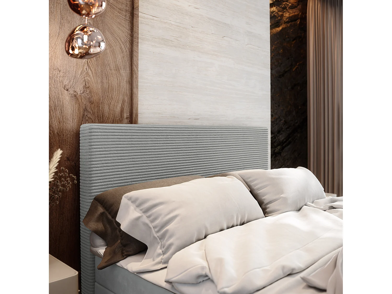Lit continental ALORIA, 180x200 cm, Tissu pelucheux, Gris clair