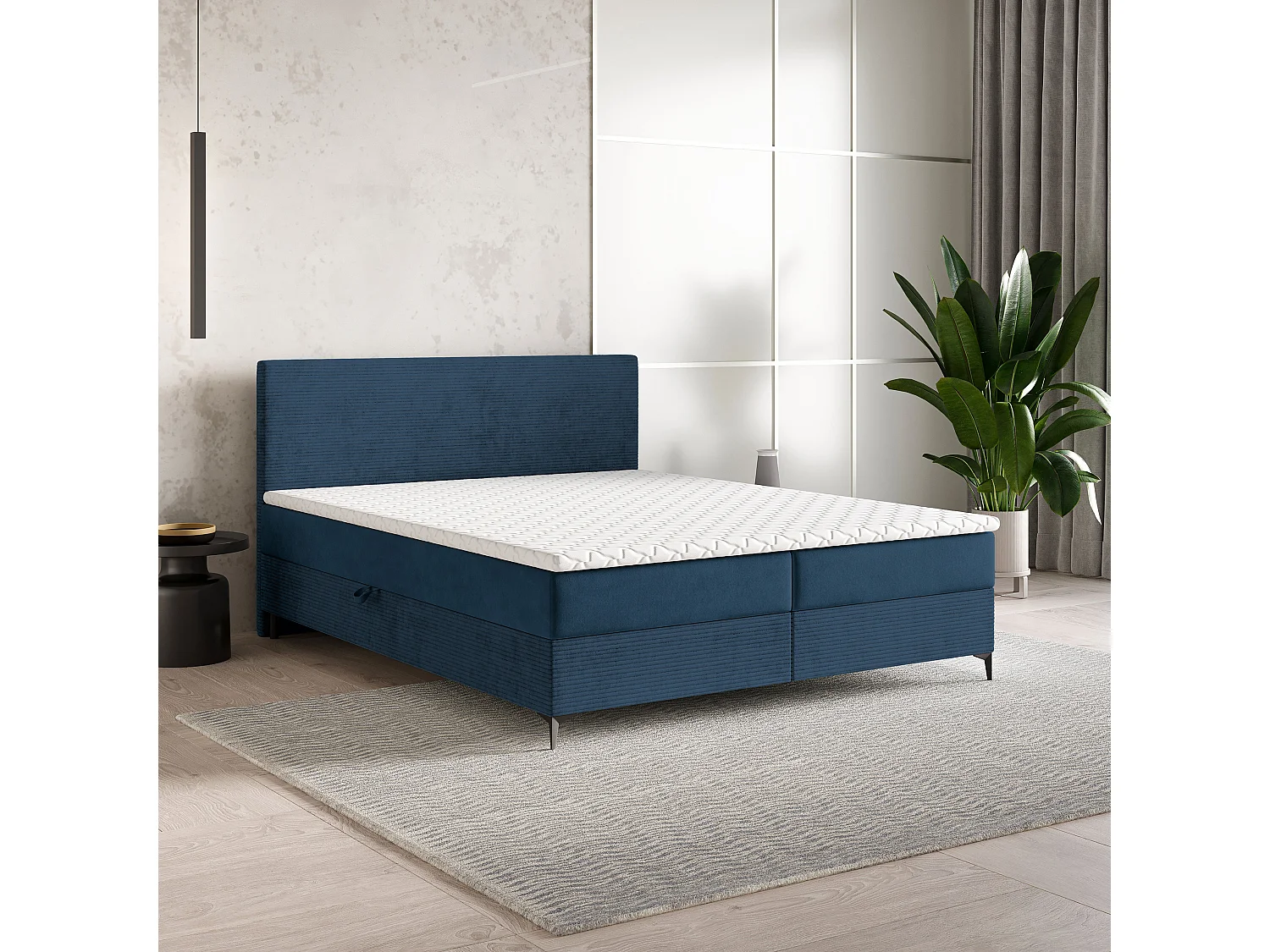 Lit continental TORREL, 160x200 cm, Tissu pelucheux, Bleu