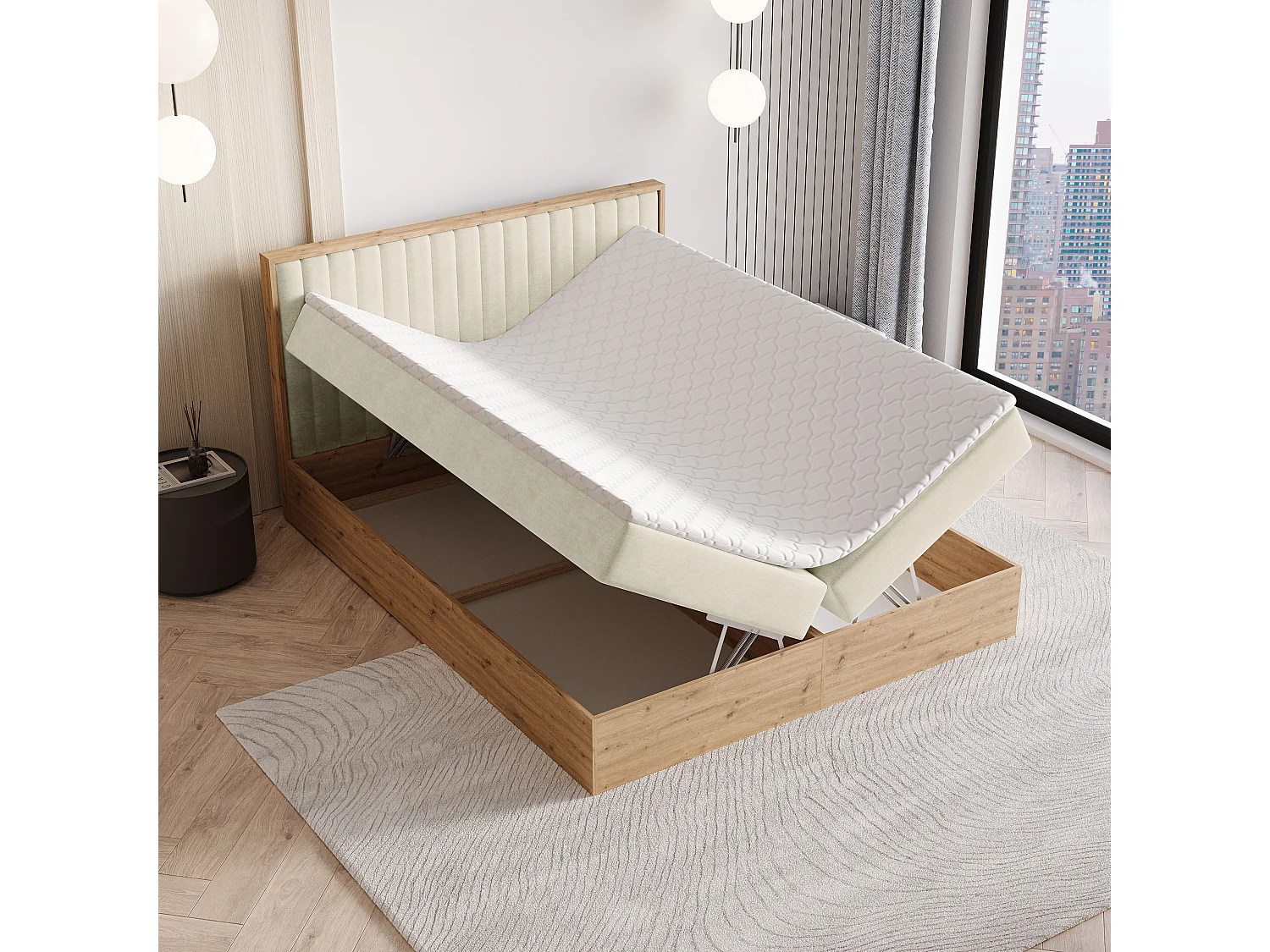 Lit continental VARELI, 140x200 cm, Tissu tressé, Couleur crème