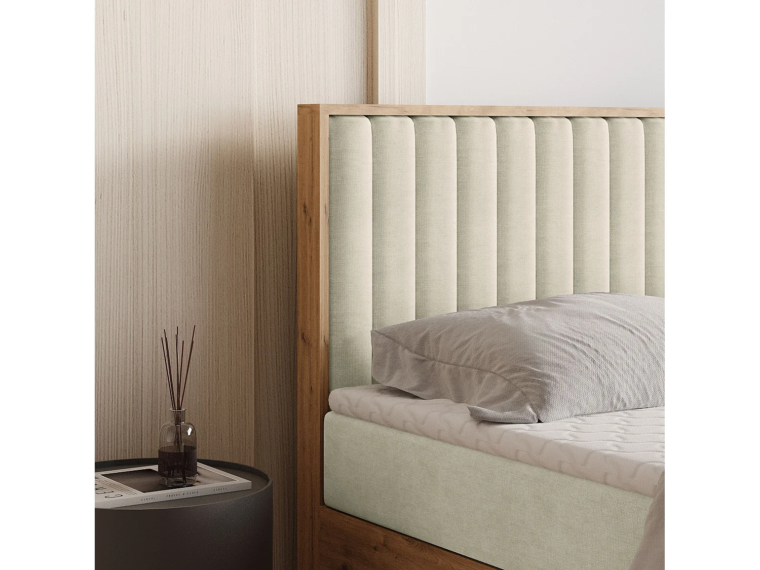 Lit continental VARELI, 140x200 cm, Tissu tressé, Couleur crème