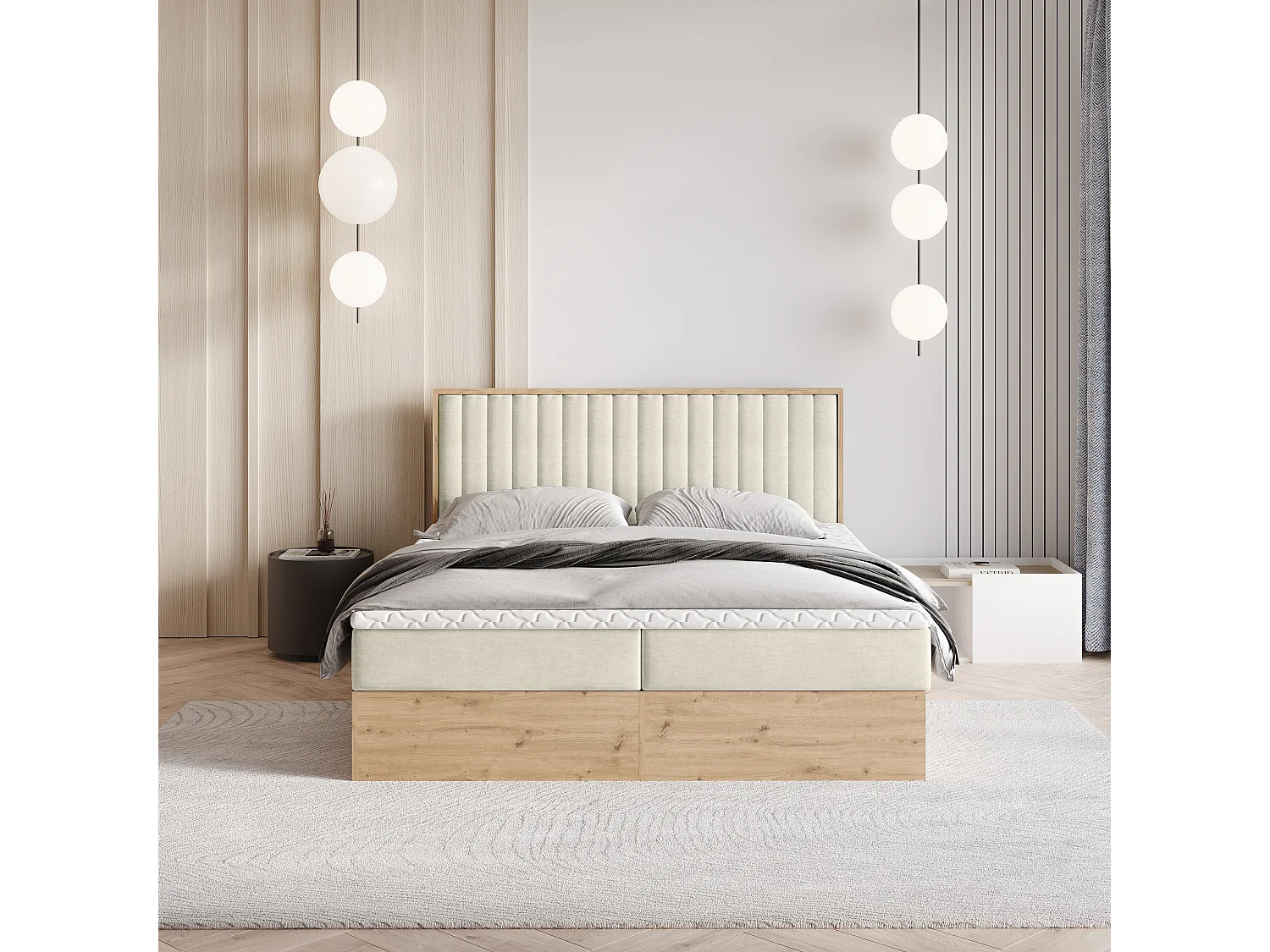Lit continental VARELI, 140x200 cm, Tissu tressé, Couleur crème