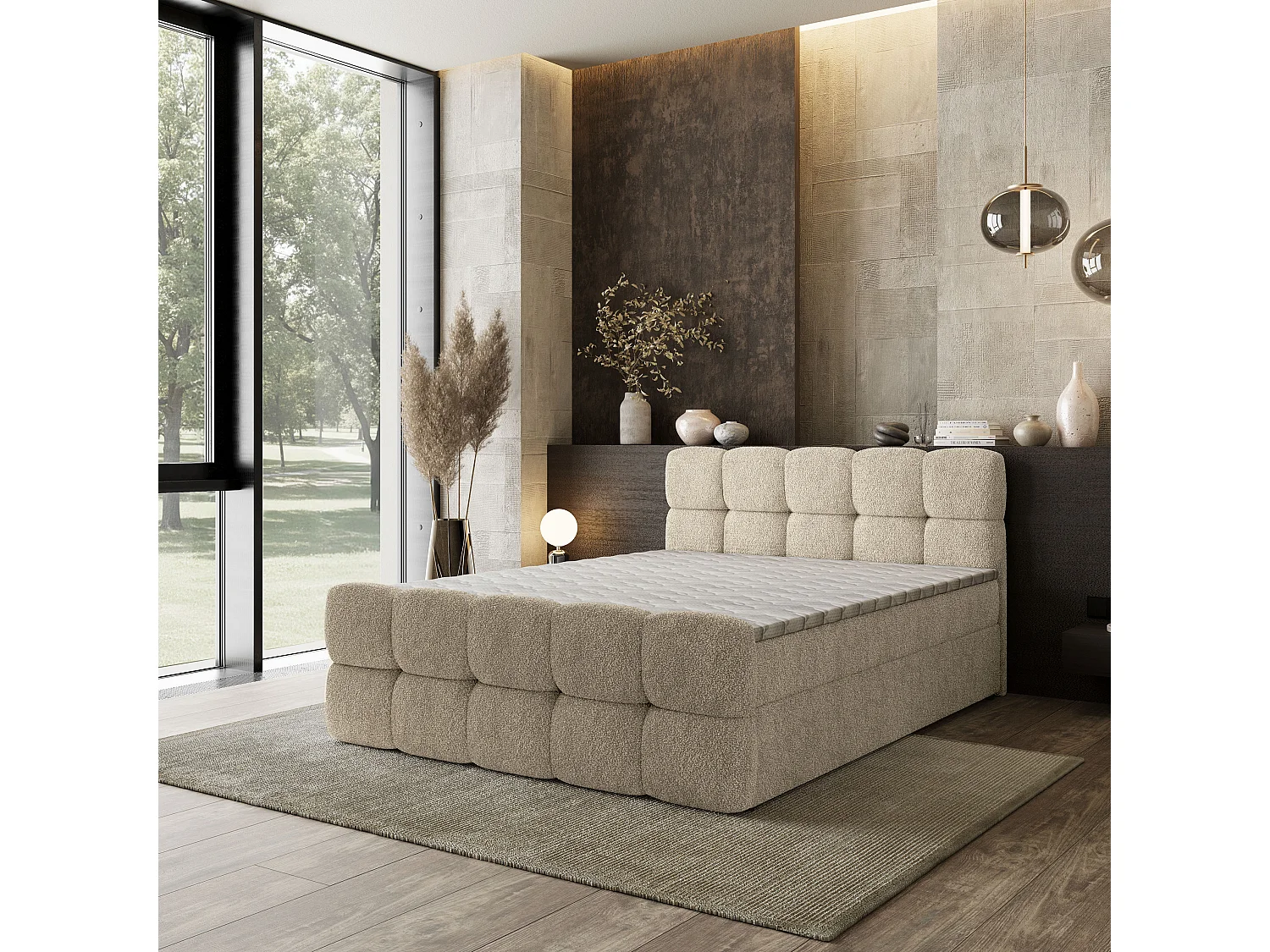Boxspringbed BRUME 180x200 cm Set met hoofdbord, bedbodem en matras, Crème