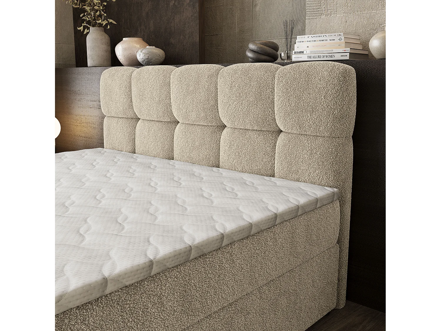 Boxspringbed BRUME 180x200 cm Set met hoofdbord, bedbodem en matras, Crème