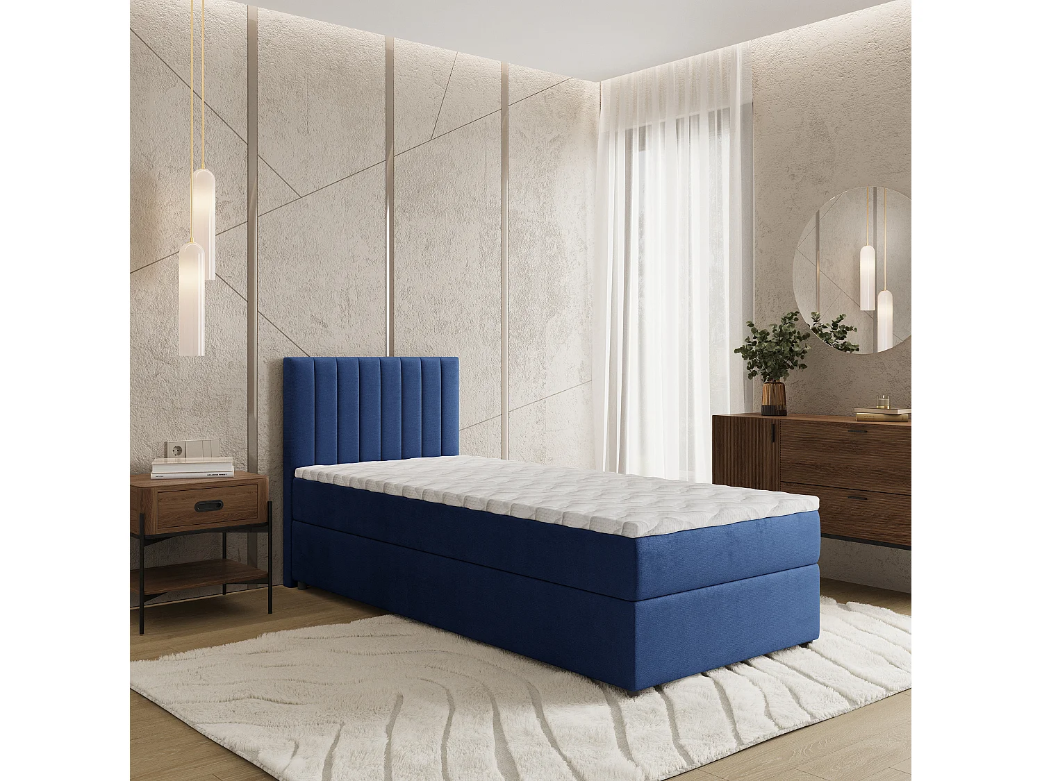 Boxspringbed BRESEL 90x200 cm Set met hoofdbord, bedbodem en matras, Blauw