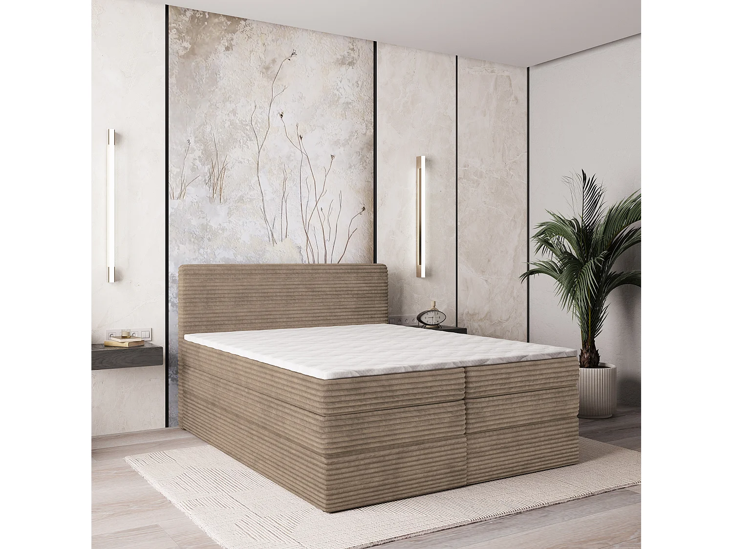 Boxspringbed LUNERA 180x200 cm Set met hoofdbord, bedbodem en matras, Beige