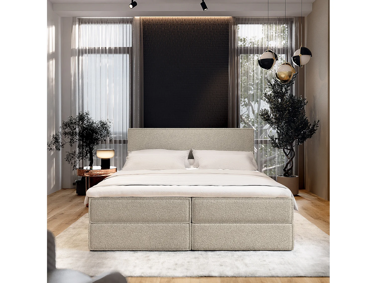 Lit continental PELLIO, 140x200 cm, Tissu bouclé, Beige
