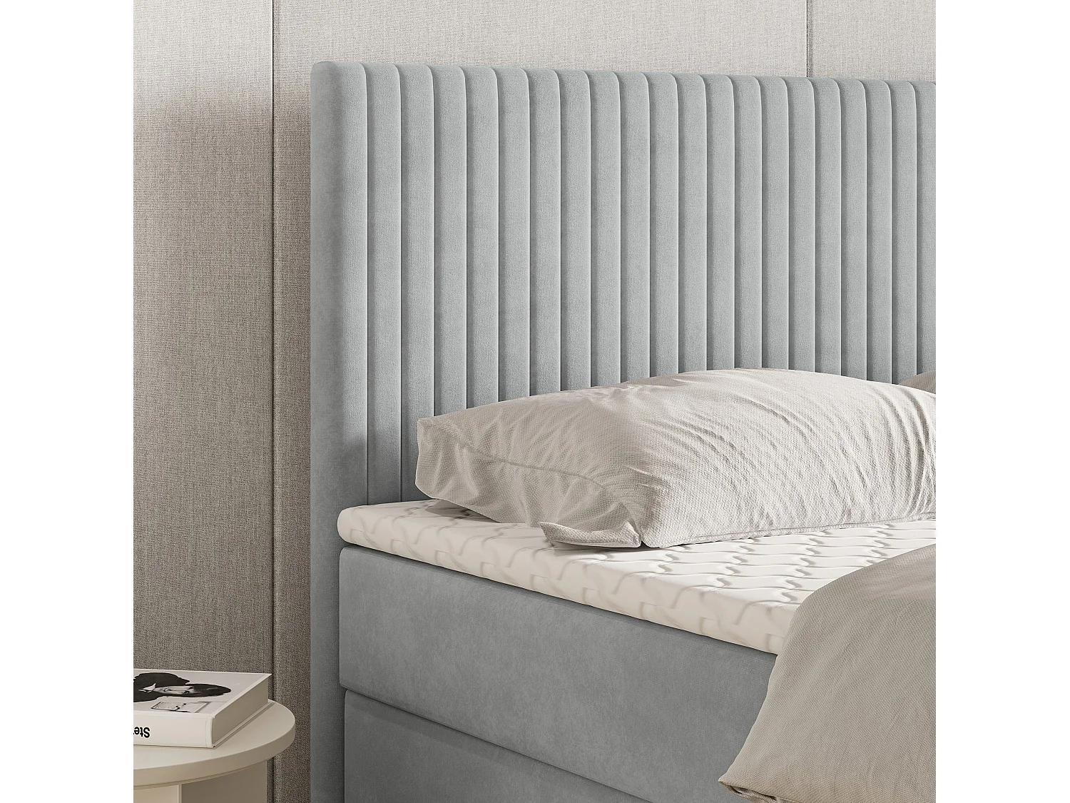 Lit continental TERVAN, 180x200 cm, Tissu pelucheux, Gris clair