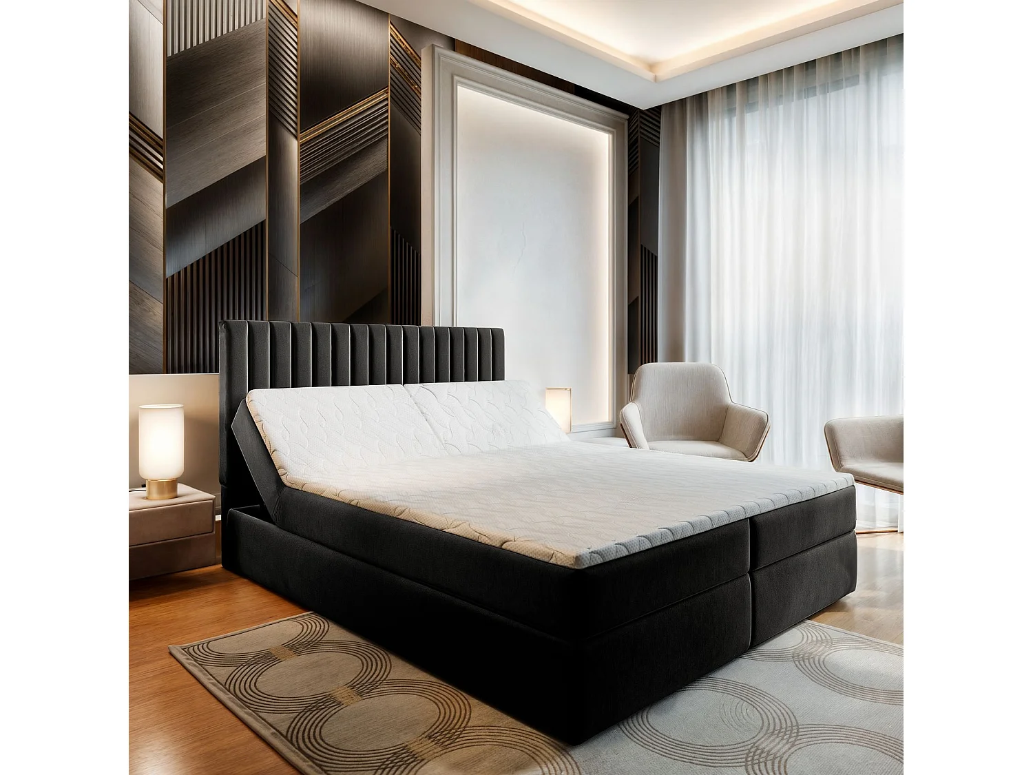 Boxspringbed MURLO 160x200 cm Set met hoofdbord, bedbodem en matras, Zwart