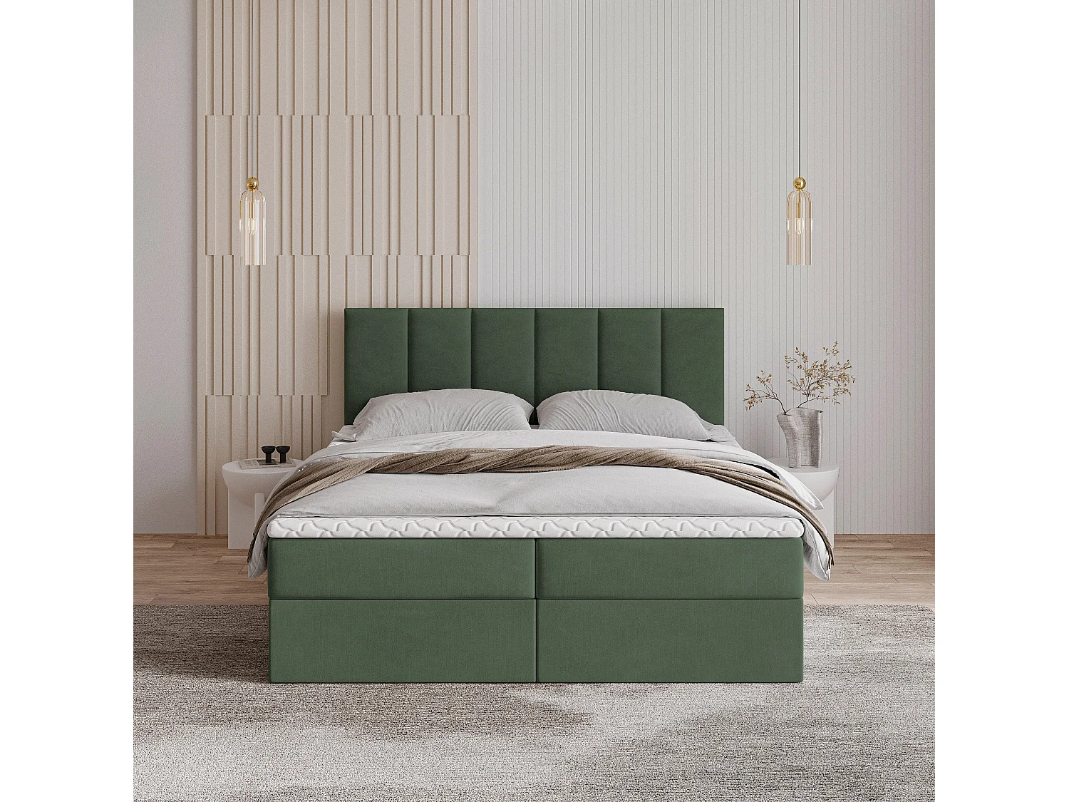 Lit continental MERIL, 160x200 cm, Tissu tressé, Vert