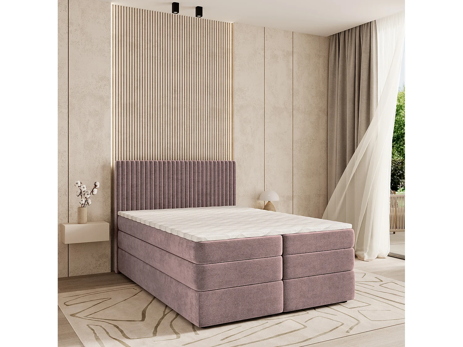 Boxspringbed FELBIO 180x200 cm Set met hoofdbord, bedbodem en matras, Poederroze