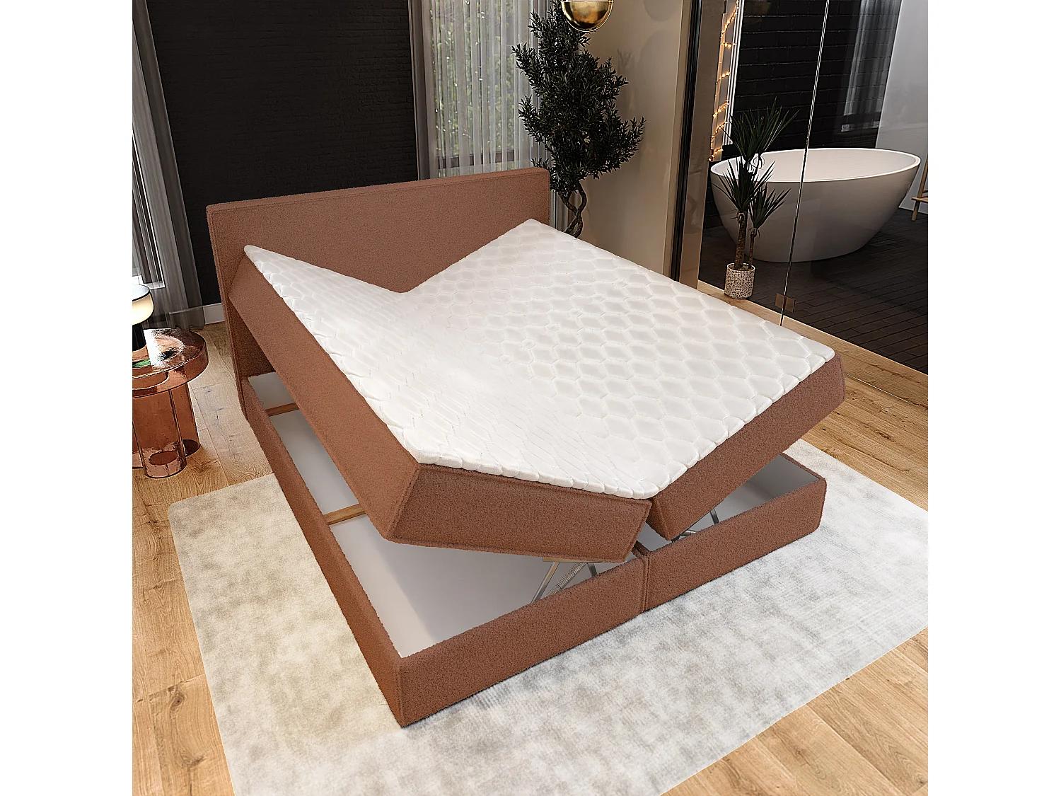 Lit continental PELLIO, 160x200 cm, Tissu bouclé, Couleur cuivre