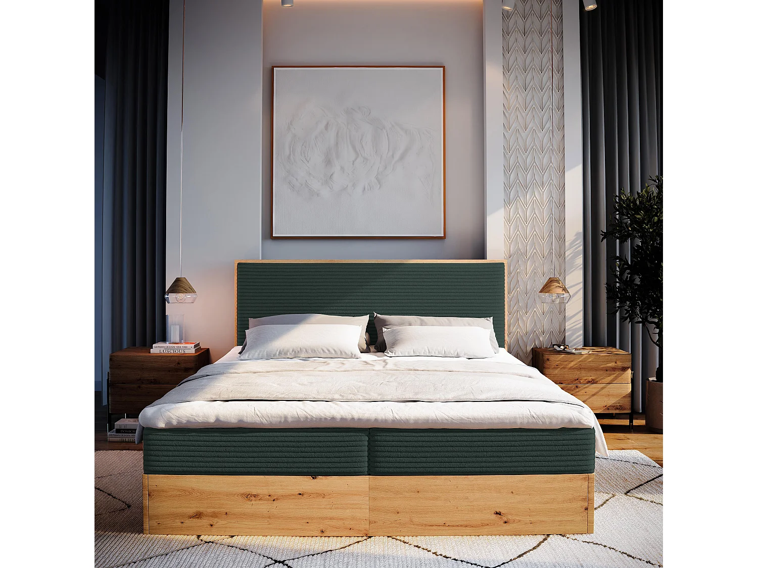 Lit continental VERDON, 180x200 cm, Tissu en velours côtelé, Vert