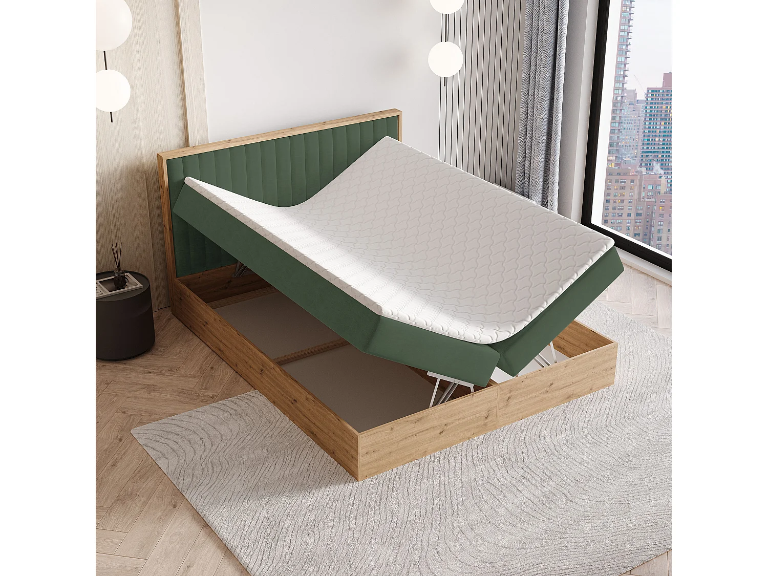 Lit continental VARELI, 160x200 cm, Tissu tressé, Vert